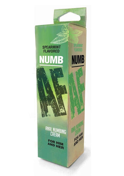Green box of spearmint NUMB AF Anal Numbing Cream. The front showcases "NUMB AF" in large, distressed text, with "Anal Numbing Cream" and "For All" beneath it. The flavor is labeled at the top. The packaging is bold and flavor-specific, designed for comfort during anal play.

