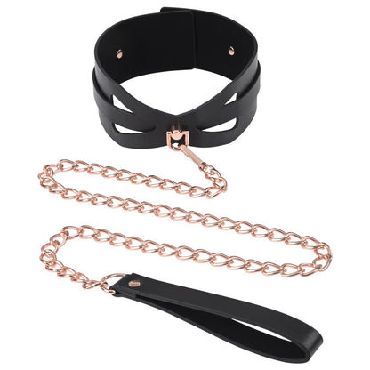 Sex and Mischief S&M Brat Collar and Leash with a faux leather corset-style collar and 30-inch rose gold chain for bondage play.