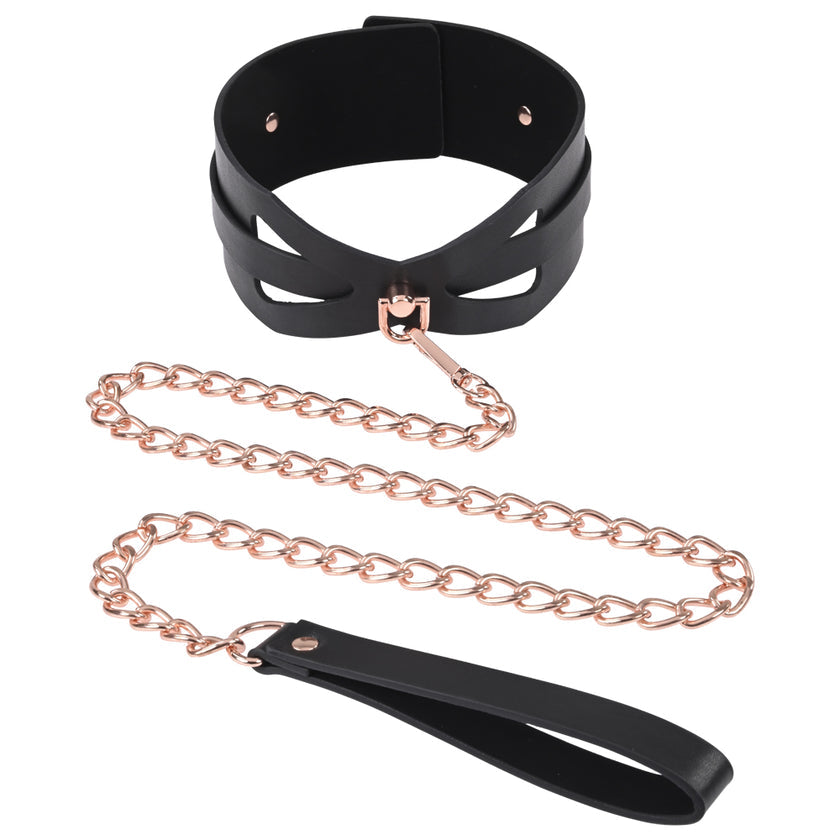 Sex and Mischief S&M Brat Collar and Leash with a faux leather corset-style collar and 30-inch rose gold chain for bondage play.
