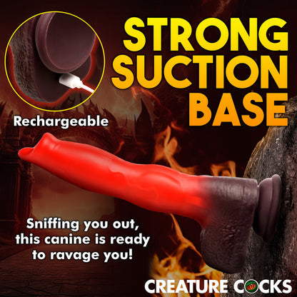 Thrusting and vibrating red canine dildo with knot, suction cup base, and remote control.

canine dildo, thrusting and vibrating dildo, Ramming Hound dildo, fantasy silicone dildo, suction cup dildo, remote-controlled dildo, waterproof silicone toy, rechargeable canine dildo, premium fantasy dildo, knot dildo