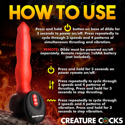 Thrusting and vibrating red canine dildo with knot, suction cup base, and remote control.

canine dildo, thrusting and vibrating dildo, Ramming Hound dildo, fantasy silicone dildo, suction cup dildo, remote-controlled dildo, waterproof silicone toy, rechargeable canine dildo, premium fantasy dildo, knot dildo