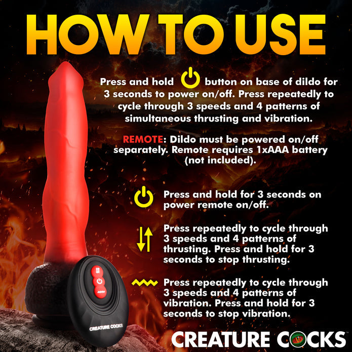 Thrusting and vibrating red canine dildo with knot, suction cup base, and remote control.

canine dildo, thrusting and vibrating dildo, Ramming Hound dildo, fantasy silicone dildo, suction cup dildo, remote-controlled dildo, waterproof silicone toy, rechargeable canine dildo, premium fantasy dildo, knot dildo