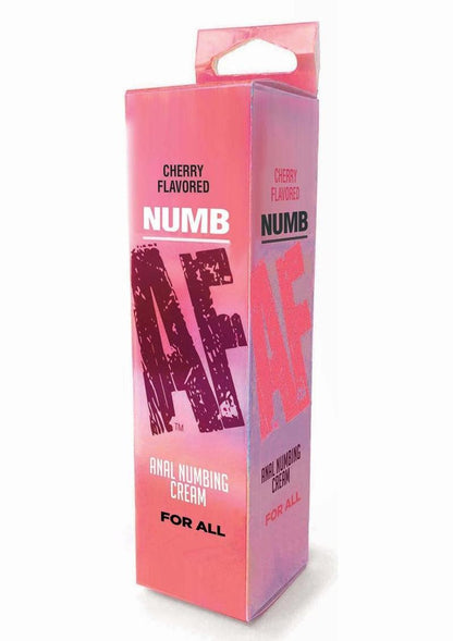 Pink and Red box of cherry NUMB AF Anal Numbing Cream. The front showcases "NUMB AF" in large, distressed text, with "Anal Numbing Cream" and "For All" beneath it. The flavor is labeled at the top. The packaging is bold and flavor-specific, designed for comfort during anal play.

