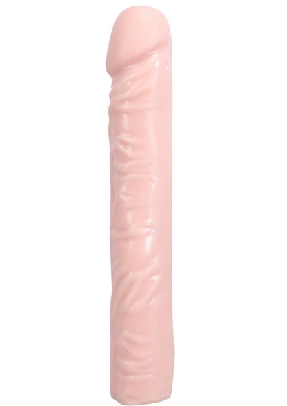 Classic Dildo - Flesh/Vanilla - 10in Doc Johnson Classic 10-Inch Dong in body-safe PVC with lifelike veined design, available in Black and White. Keywords: realistic large dong, lifelike veined dildo, phthalate-free dildo, Sil-A-Gel formula, G-spot stimulation, P-spot massage, anal-safe dildo, vaginal-safe dong, body-safe PVC dong, large realistic dong.