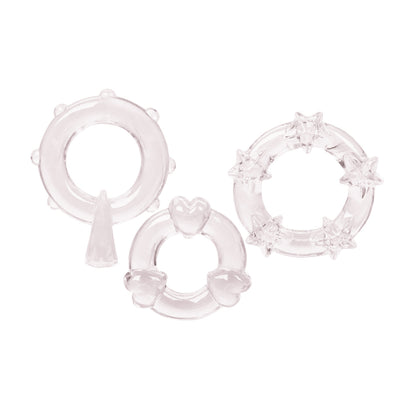 Magic C-Rings in Clear, Red, or Blue with heart and star-shaped pleasure nodules, made of soft TPR for enhanced stamina and stimulation.

erection enhancer rings, stretchy cock rings, heart and star-shaped cock rings, TPR cock rings, phthalate-free erection rings, stamina-boosting cock rings, reusable cock rings, waterproof enhancer rings, textured cock rings.