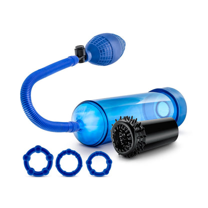 Blue penis enlargement kit with pump, stroke sleeve, and cock rings for harder, longer-lasting pleasure.

penis enlargement kit, Quickie Kit by Blush, Performance VX101 pump, penis pump, ribbed stroke sleeve, beaded cock rings, harder and bigger penis, silicone-safe materials, body-safe penis pump, water-based lube safe, blue penis pump kit.