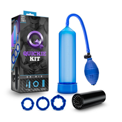 Blue penis enlargement kit with pump, stroke sleeve, and cock rings for harder, longer-lasting pleasure.

penis enlargement kit, Quickie Kit by Blush, Performance VX101 pump, penis pump, ribbed stroke sleeve, beaded cock rings, harder and bigger penis, silicone-safe materials, body-safe penis pump, water-based lube safe, blue penis pump kit.