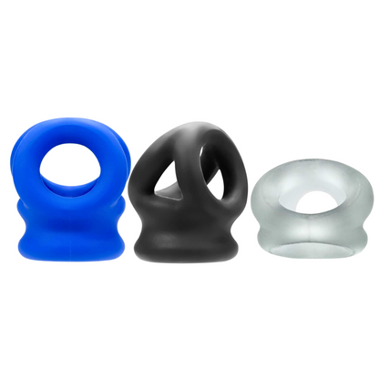 TRI-SQUEEZE cocksling by Oxballs, featuring a built-in ball stretcher, 3-ring design, and soft PLUS+silicone™ material in black, blue, or clear.

cocksling, Oxballs TRI-SQUEEZE, ball stretcher sling, 3-ring cocksling, black cocksling, blue cocksling, clear cocksling, PLUS+silicone cocksling, bulge-enhancing sling, ball support ring, customizable cocksling.