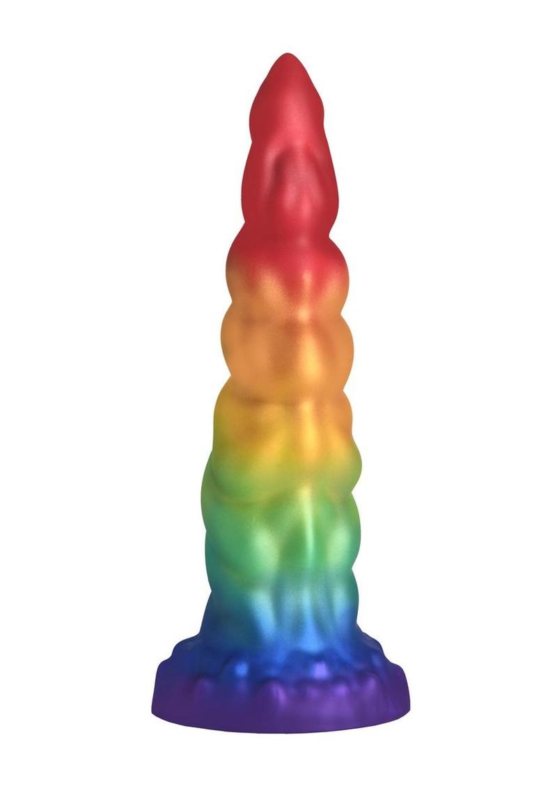 Rainbow unicorn horn silicone dildo with suction cup and strap-on compatibility.
