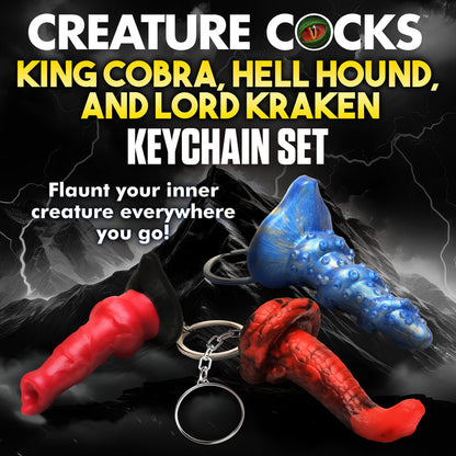 Set of 3 mini fantasy dildo keychains featuring Hell-Hound, Lord Kraken, and King Cobra designs.

fantasy dildo keychain, mini dildo keychains, Creature Cocks keychain set, Hell-Hound keychain, Lord Kraken keychain, King Cobra keychain, novelty fantasy dongs, body-safe silicone keychains, nickel-free keychains, kinky accessories