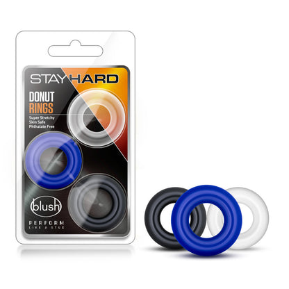 Stay Hard By Blush Donut Penis Rings 3-Pack, colorful cock rings, body-safe TPE, stretchy, enhances stamina and size, compatible with all lubes.

donut penis rings, Stay Hard By Blush, cock ring 3-pack, stamina enhancer, stretchy cock rings, penis girth and length enhancer, reusable cock rings, phthalate-free penis rings, body-safe cock rings, colorful penis rings.