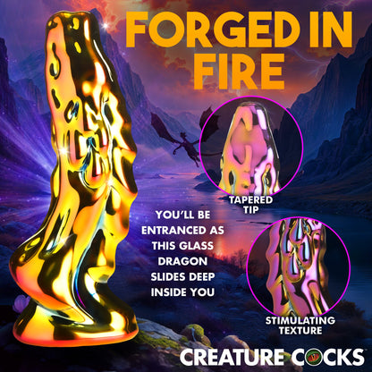 Dragon-shaped glass dildo with metallic finish, textured spine, and tapered tip.

dragon glass dildo, glass dildo, fantasy glass toy, borosilicate glass dildo, heat-sensitive dildo, metallic dragon dildo, textured glass dildo, yellow-pink dildo, creature cock glass, durable glass dildo