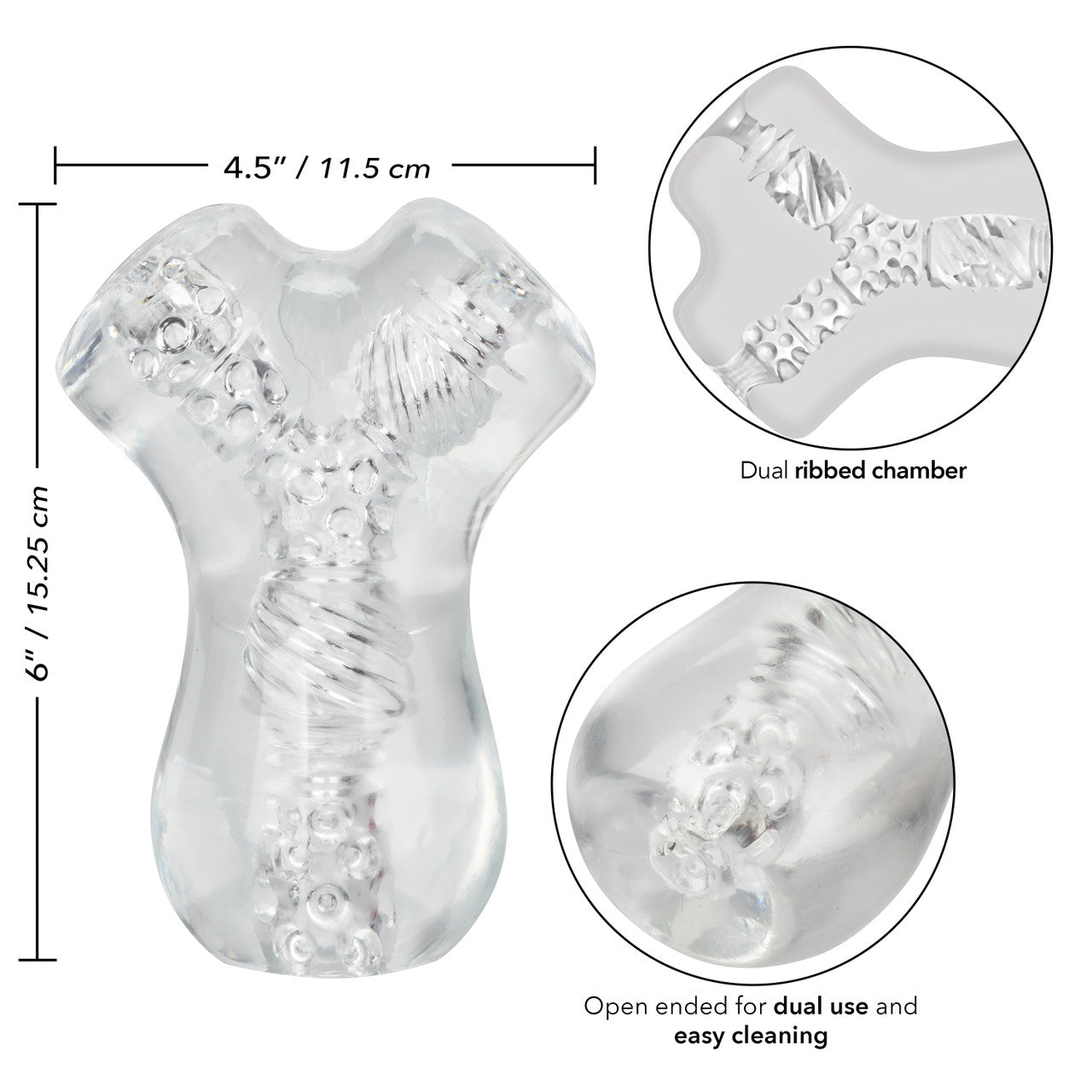 Clear, dual-chamber stroker with ribbed design, lifelike material, and easy-clean open end.

dual-chamber masturbator, transparent stroker, lifelike stroker, waterproof masturbator, phthalate-free stroker, easy-clean stroker, intense stimulation stroker, soft stretchy stroker, TPE masturbator.