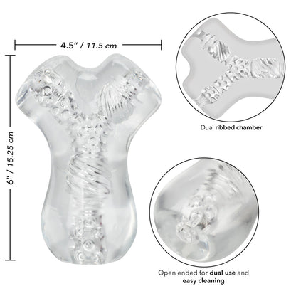 Clear, dual-chamber stroker with ribbed design, lifelike material, and easy-clean open end.

dual-chamber masturbator, transparent stroker, lifelike stroker, waterproof masturbator, phthalate-free stroker, easy-clean stroker, intense stimulation stroker, soft stretchy stroker, TPE masturbator.