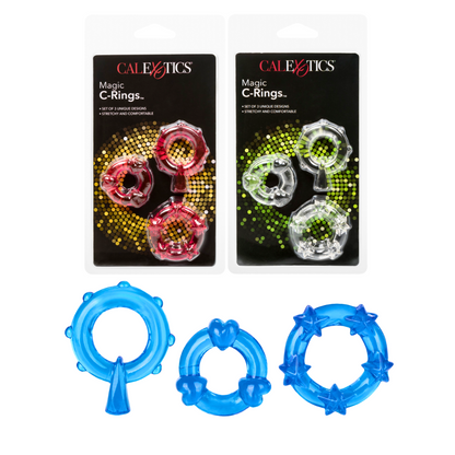 Magic C-Rings in Clear, Red, or Blue with heart and star-shaped pleasure nodules, made of soft TPR for enhanced stamina and stimulation.

erection enhancer rings, stretchy cock rings, heart and star-shaped cock rings, TPR cock rings, phthalate-free erection rings, stamina-boosting cock rings, reusable cock rings, waterproof enhancer rings, textured cock rings.