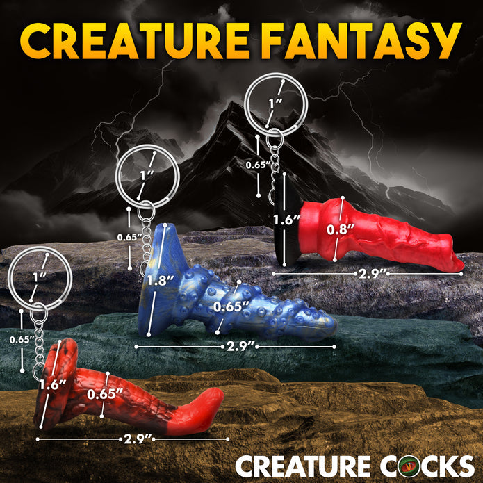 Set of 3 mini fantasy dildo keychains featuring Hell-Hound, Lord Kraken, and King Cobra designs.

fantasy dildo keychain, mini dildo keychains, Creature Cocks keychain set, Hell-Hound keychain, Lord Kraken keychain, King Cobra keychain, novelty fantasy dongs, body-safe silicone keychains, nickel-free keychains, kinky accessories