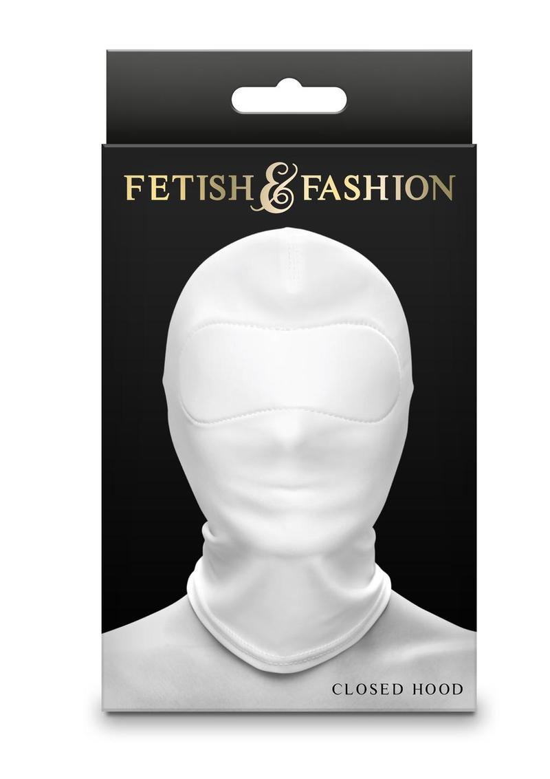 Black and white closed sensory deprivation hoods made from soft nylon, designed for bondage and sensory play. Keywords: closed BDSM hood, sensory deprivation hood, bondage hood, fetish hood, nylon BDSM hood, black hood, white fetish hood, bondage play hood, kink gear, BDSM accessories