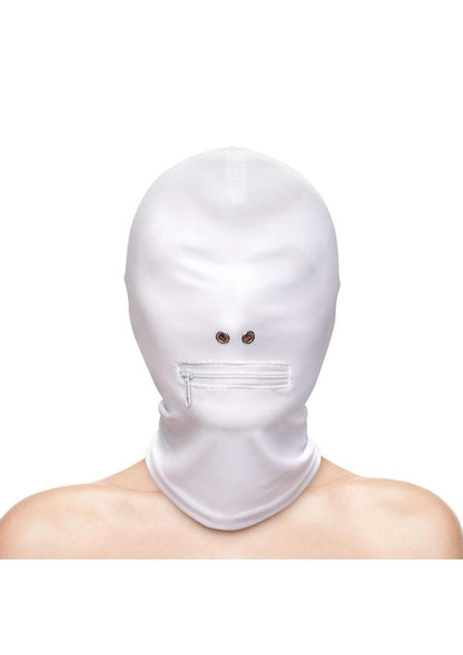 Zippered Mouth Hood in black and white, featuring a snug fit, soft nylon material, and a zippered mouth opening for sensory play. Keywords: zippered mouth hood, BDSM hood, fetish hood, sensory play hood, black nylon hood, white fetish hood, nickel-free BDSM hood, bondage hood, bondage accessories, BDSM gear