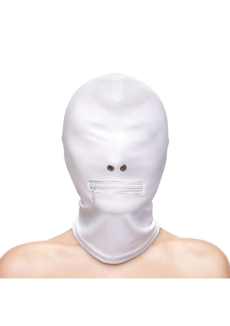 Zippered Mouth Hood in black and white, featuring a snug fit, soft nylon material, and a zippered mouth opening for sensory play. Keywords: zippered mouth hood, BDSM hood, fetish hood, sensory play hood, black nylon hood, white fetish hood, nickel-free BDSM hood, bondage hood, bondage accessories, BDSM gear