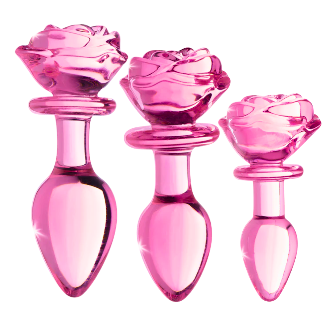 glass rose butt plug, pink glass anal plug, borosilicate glass plug, temperature play anal toy, decorative butt plug, shatter-resistant anal plug, small anal plug, medium anal plug, large anal plug, hygienic glass plug, Valentine's Day butt plug