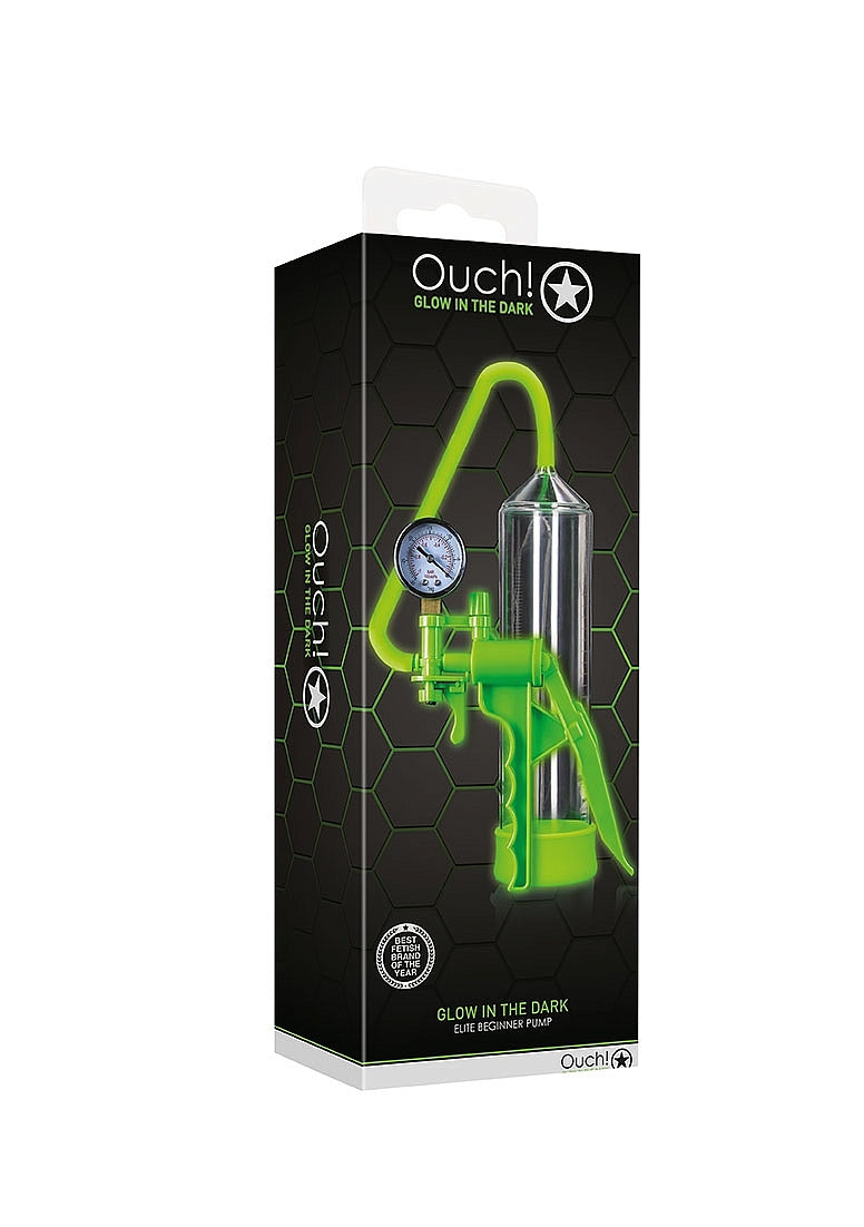Elite Beginner Pump - Glow in the Dark by Ouch!, featuring a pistol grip, glow-in-the-dark design, and body-safe materials for playful and effective use.

Glow in the Dark penis pump, Ouch Elite Beginner Pump, beginner penis pump, pistol grip pump, glow-in-the-dark pump, body-safe penis pump, phthalate-free pump, waterproof penis pump, enhancement pump, fluorescent green pump, penis pump for beginners.