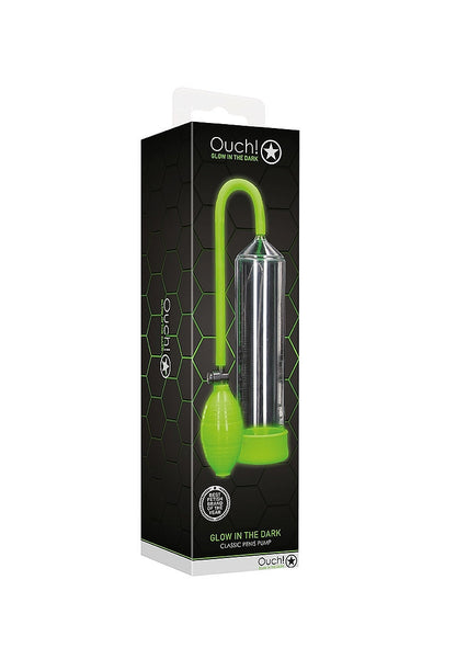 Glow in the Dark penis pump, Ouch penis pump, classic penis pump, Classic Penis Pump - Glow in the Dark by Ouch!, featuring ergonomic design, glowing details, and customizable suction for enhancement.

glow-in-the-dark pump, customizable suction pump, body-safe penis pump, waterproof penis pump, enhancement pump, ergonomic penis pump, fluorescent green penis pump.