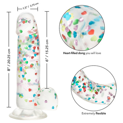 Naughty Bits™ I Love Dick Heart Filled Dong with sparkling heart confetti, suction cup base, and life-like design.
heart confetti dildo, life-like suction cup dong, harness-compatible dildo, TPR material sex toy, waterproof dildo, realistic dong, playful stylish dildo, compact 6-inch dildo, sparkling heart-filled dong