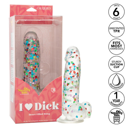 Naughty Bits™ I Love Dick Heart Filled Dong with sparkling heart confetti, suction cup base, and life-like design.
heart confetti dildo, life-like suction cup dong, harness-compatible dildo, TPR material sex toy, waterproof dildo, realistic dong, playful stylish dildo, compact 6-inch dildo, sparkling heart-filled dong