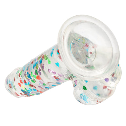 Naughty Bits™ I Love Dick Heart Filled Dong with sparkling heart confetti, suction cup base, and life-like design.
heart confetti dildo, life-like suction cup dong, harness-compatible dildo, TPR material sex toy, waterproof dildo, realistic dong, playful stylish dildo, compact 6-inch dildo, sparkling heart-filled dong