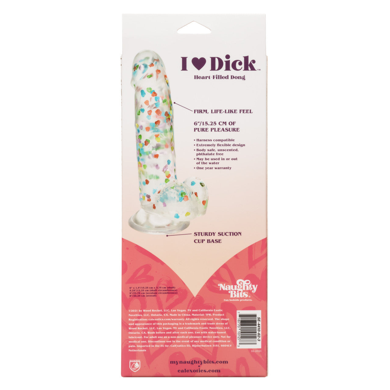 Naughty Bits™ I Love Dick Heart Filled Dong with sparkling heart confetti, suction cup base, and life-like design.
heart confetti dildo, life-like suction cup dong, harness-compatible dildo, TPR material sex toy, waterproof dildo, realistic dong, playful stylish dildo, compact 6-inch dildo, sparkling heart-filled dong