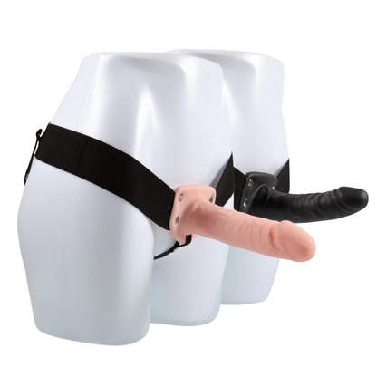 Realistic hollow strap-on with adjustable harness; available in 6 or 7 inches and black or vanilla. Keywords: hollow strap-on, 6-inch hollow strap-on, 7-inch hollow strap-on, realistic strap-on dildo, adjustable strap-on harness, strap-on for erectile issues, black hollow strap-on, vanilla strap-on dildo, phthalate-free strap-on, body-safe strap-on, lifelike hollow strap-on, waist adjustable harness strap-on, inclusive strap-on toy 