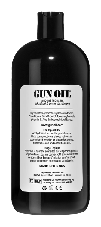 GUN OIL® silicone lubricant with long-lasting slickness, waterproof formula, Vitamin E, Aloe Vera, hypoallergenic ingredients, and latex condom compatibility.

