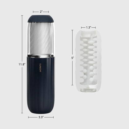 Alex Neo 2 Interactive Thrusting Masturbator, app-controlled, 7 thrusting modes, textured TPE sleeve, rechargeable, interactive adult content compatible.
