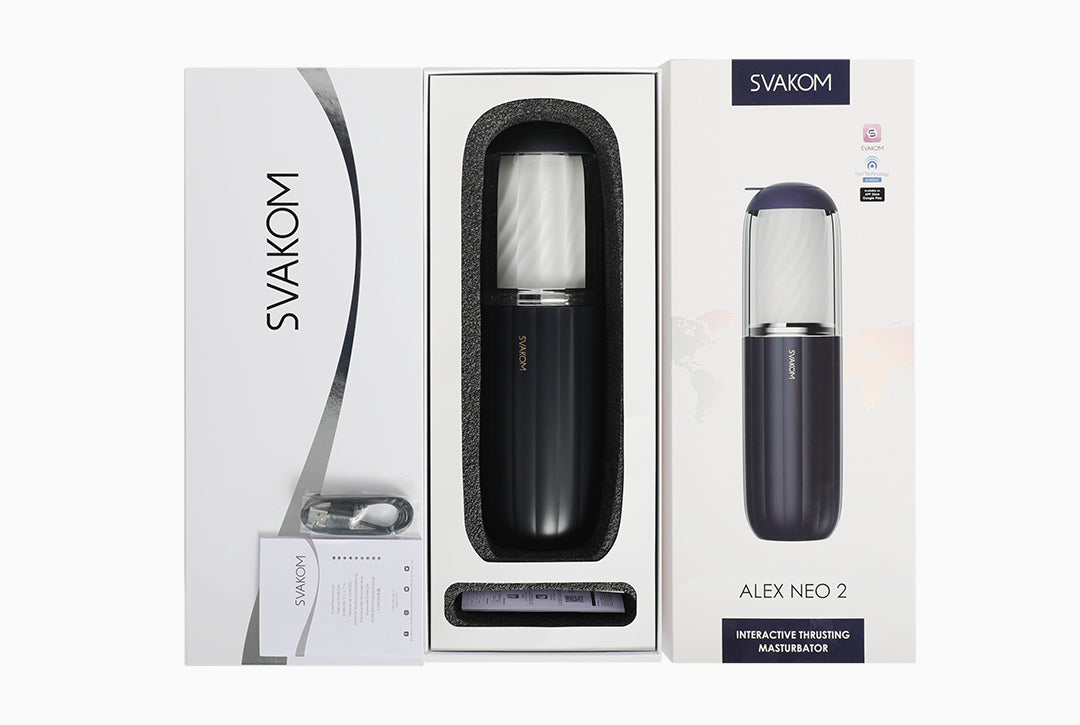Alex Neo 2 Interactive Thrusting Masturbator, app-controlled, 7 thrusting modes, textured TPE sleeve, rechargeable, interactive adult content compatible.