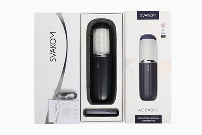 Alex Neo 2 Interactive Thrusting Masturbator, app-controlled, 7 thrusting modes, textured TPE sleeve, rechargeable, interactive adult content compatible.