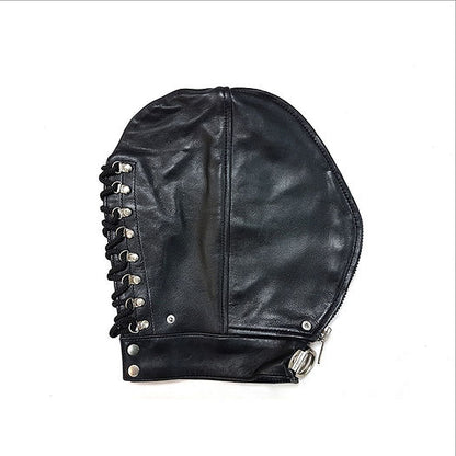 leather Fly Trap Mask, black and red leather mask, BDSM hood with zipper, soft leather mask, leather hood with D-ring, adjustable leather mask, full-face BDSM mask, fly trap BDSM hood, breathable leather mask, versatile leather mask for restraint play, premium leather hood, zip-up leather hood