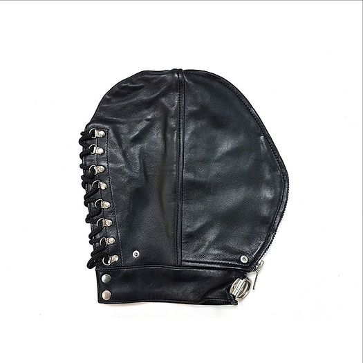 leather Fly Trap Mask, black and red leather mask, BDSM hood with zipper, soft leather mask, leather hood with D-ring, adjustable leather mask, full-face BDSM mask, fly trap BDSM hood, breathable leather mask, versatile leather mask for restraint play, premium leather hood, zip-up leather hood