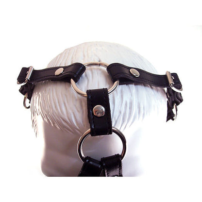 leather mouth chin gag, black leather gag, BDSM gag with O-rings, adjustable chin gag, leather restraint gag, BDSM mouth gag, soft leather BDSM gear, domination accessory, stylish BDSM gag, leather chin strap, BDSM restraint tools, mouth gag with O-rings