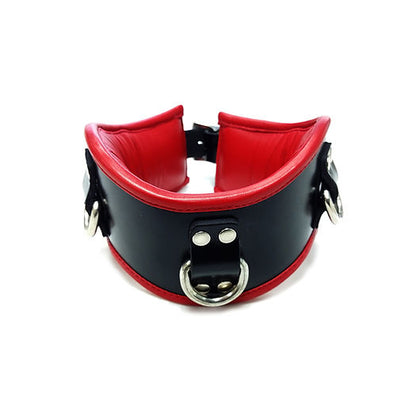 leather posture collar, padded BDSM collar, red and black collar, posture collar with D-rings, pad-lockable posture collar, adjustable neck collar, stylish BDSM collar, leather neck restraint, padded leather BDSM gear, posture training collar, secure neck collar, BDSM posture accessories, red and black restraint gear