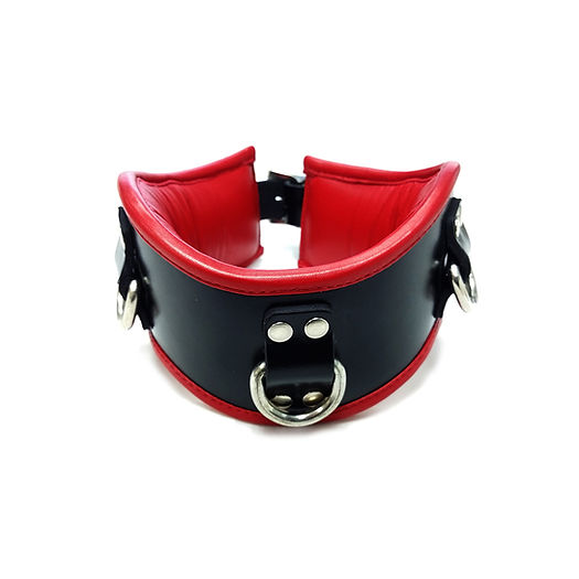 leather posture collar, padded BDSM collar, red and black collar, posture collar with D-rings, pad-lockable posture collar, adjustable neck collar, stylish BDSM collar, leather neck restraint, padded leather BDSM gear, posture training collar, secure neck collar, BDSM posture accessories, red and black restraint gear
