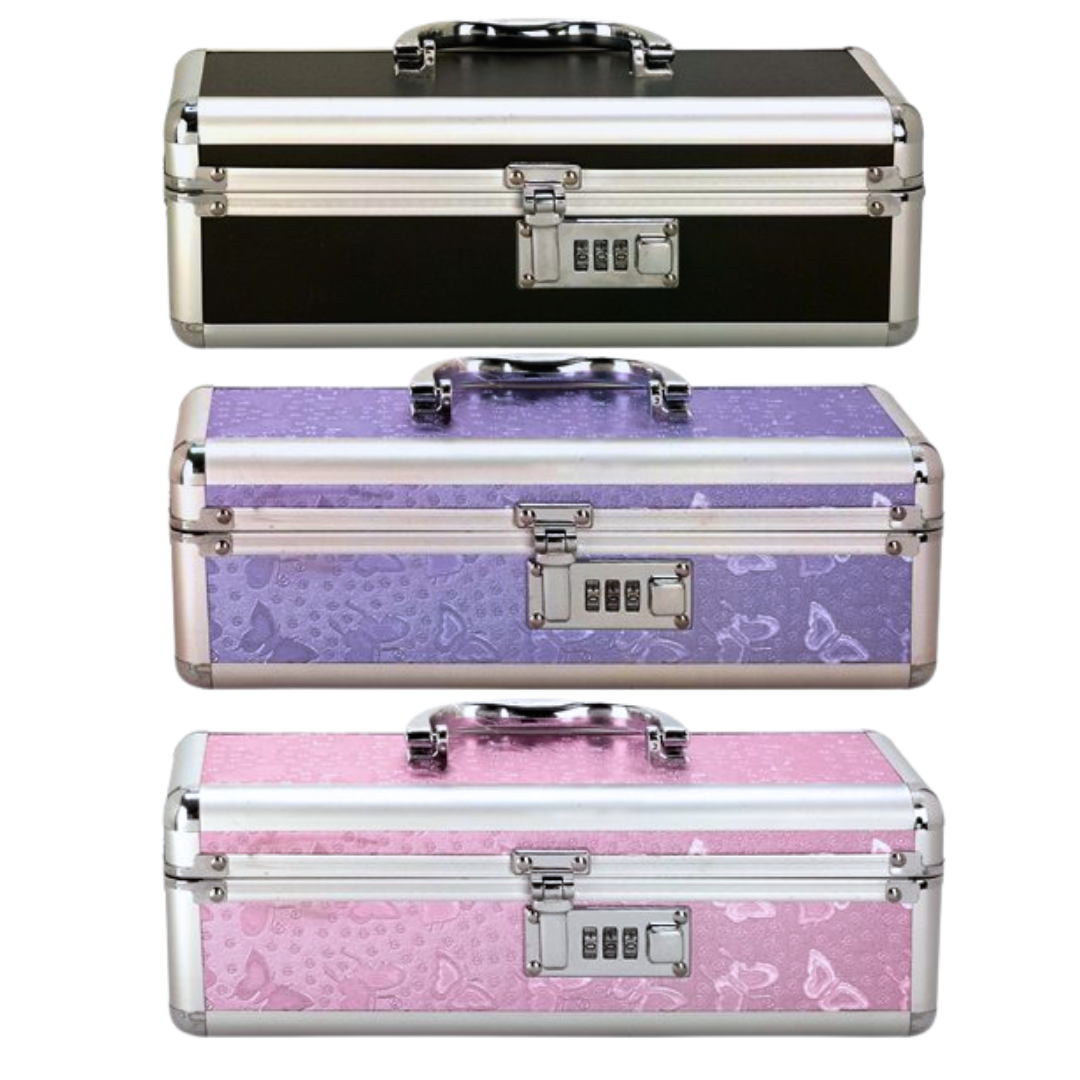 Three lockable toy storage chests in purple, pink, and black with a stylish, durable finish and metal-reinforced edges. 
Keywords: lockable toy chest, sex toy storage, discreet toy case, secure storage box, vibrator storage, keyless lock case, durable toy organizer, travel toy case, pink toy chest, black lockable box, purple storage chest. 