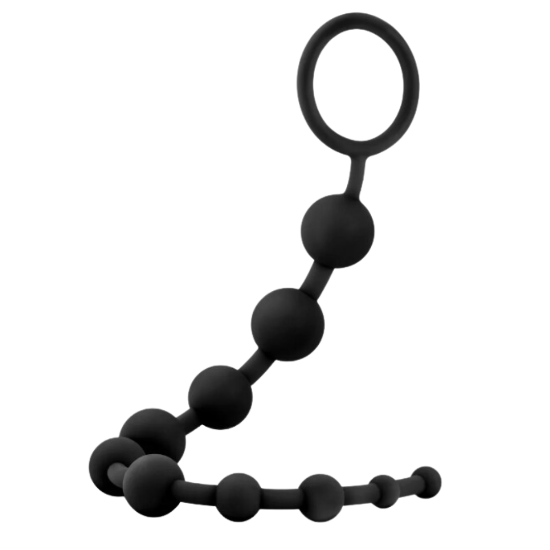 Anal Adventure Platinum Silicone 10 Anal Beads Black silicone anal beads with a pull ring, featuring 10 progressively sized beads for added stimulation