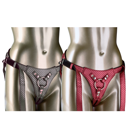 The Regal® Queen harness in Red Bronze or Gray Pewter, featuring a corset-inspired lace design, plush velvet lining, and adjustable buckle closure, perfect for customizable probe play. 
luxurious strap-on, vegan leather harness, corset-style harness, plush velvet lining, adjustable buckle closure, phthalate-free harness, crotchless design, probe play harness, Red Bronze, Gray Pewter, premium harness.