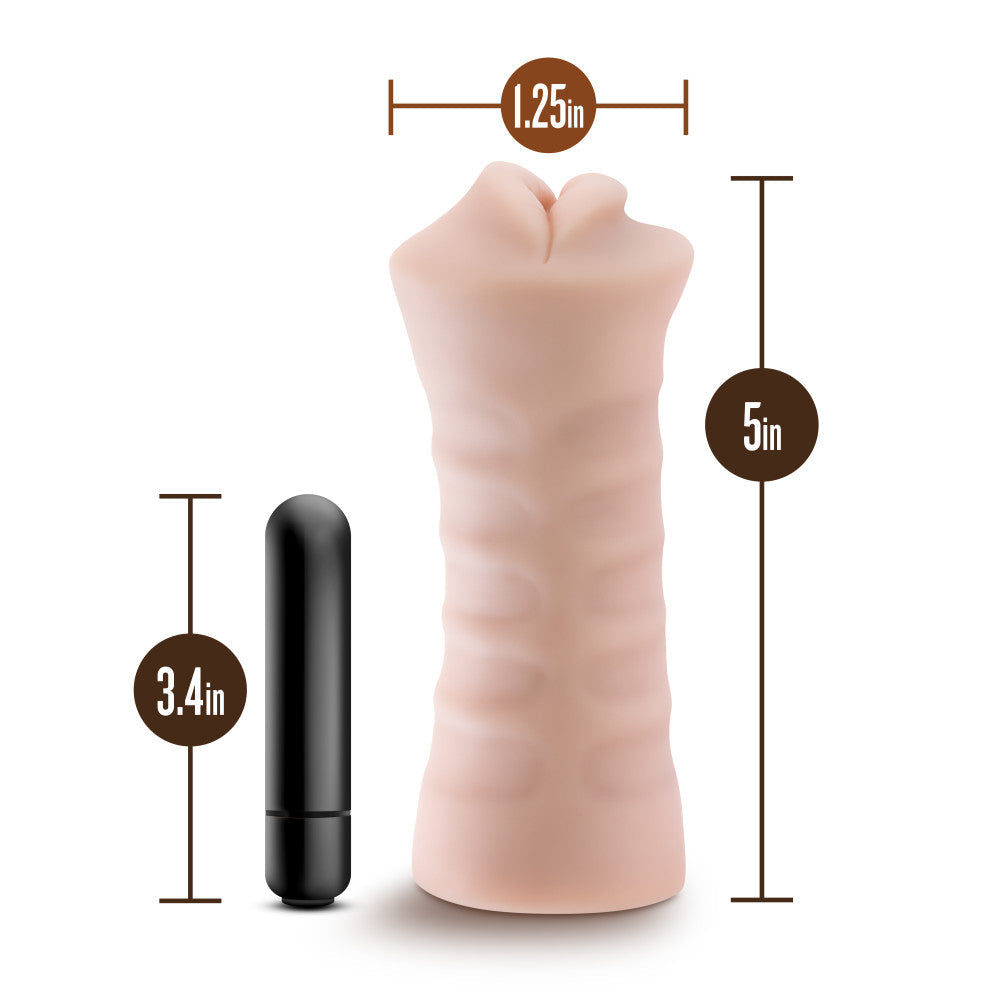 Beige male masturbator with a tight, nubbed canal, vibrating bullet, and ultra-soft X5® Plus material for realistic oral sensations.

male stroker, Nicole masturbator, vibrating stroker, tight canal, vibrating bullet, X5® Plus material, open-ended design, lifelike male toy, realistic sensations, compact masturbator, lube compatible, AI-inspired sex toy, portable stroker