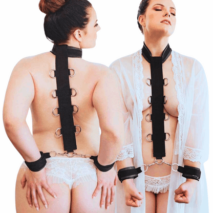 Sportsheets Neck & Wrist Restraint with neoprene collar, nylon strap, 4 D-rings on each side, and adjustable neoprene cuffs for versatile bondage play.
