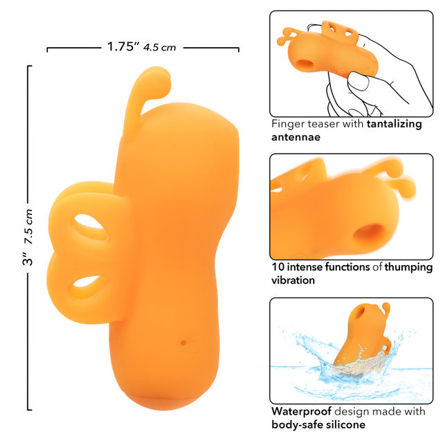 Neon® Vibes The Buzzing Vibe, finger teaser with 10 vibration functions, waterproof silicone design, and rechargeable battery.

finger vibrator, wearable vibe, silicone massager, 10 vibration functions, waterproof vibe, rechargeable finger teaser, travel lock vibrator, IPX7 waterproof vibrator, customizable pleasure toy, orange vibrator