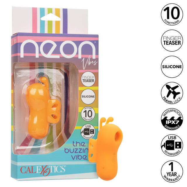 Neon® Vibes The Buzzing Vibe, finger teaser with 10 vibration functions, waterproof silicone design, and rechargeable battery.

finger vibrator, wearable vibe, silicone massager, 10 vibration functions, waterproof vibe, rechargeable finger teaser, travel lock vibrator, IPX7 waterproof vibrator, customizable pleasure toy, orange vibrator