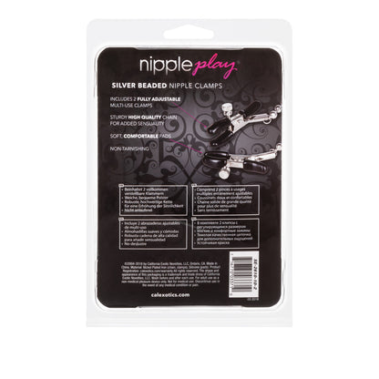 nipple clamps silver chain, adjustable nipple clamps, silver beaded clamps, nipple play accessories, BDSM nipple jewelry, beginner nipple clamps, phthalate-free nipple clamps, nickel-free nipple clamps, erotic body jewelry, nipple stimulation clamps.