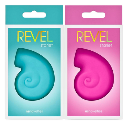 Packaging for the Revel Starlet Air Pulse Vibrator in teal and pink, highlighting its snail shell-inspired design. Features include Air Pulse Technology and the product's actual size image on the front, branded by NS Novelties.