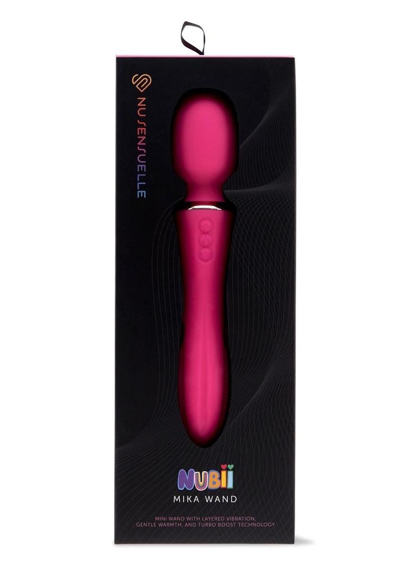 Nu Sensuelle Mika Nubii Mini Wand, available in pink or blue, featuring vibration, warmth, turbo boost, and 12 speeds for customizable pleasure.

Nu Sensuelle wand, rechargeable mini wand, vibration and warming wand, turbo boost vibrator, beginner-friendly wand, G-spot stimulation, clitoral stimulation, waterproof wand vibrator, pink mini wand, blue mini wand